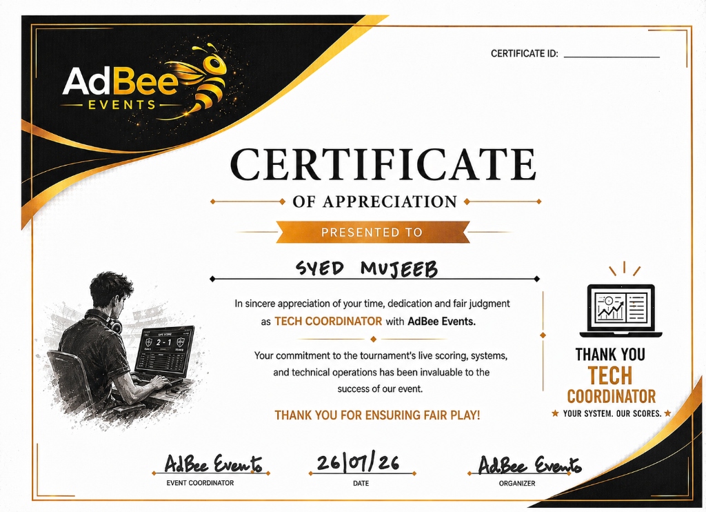 AdBee Events Tech Coordinator Certificate of Appreciation